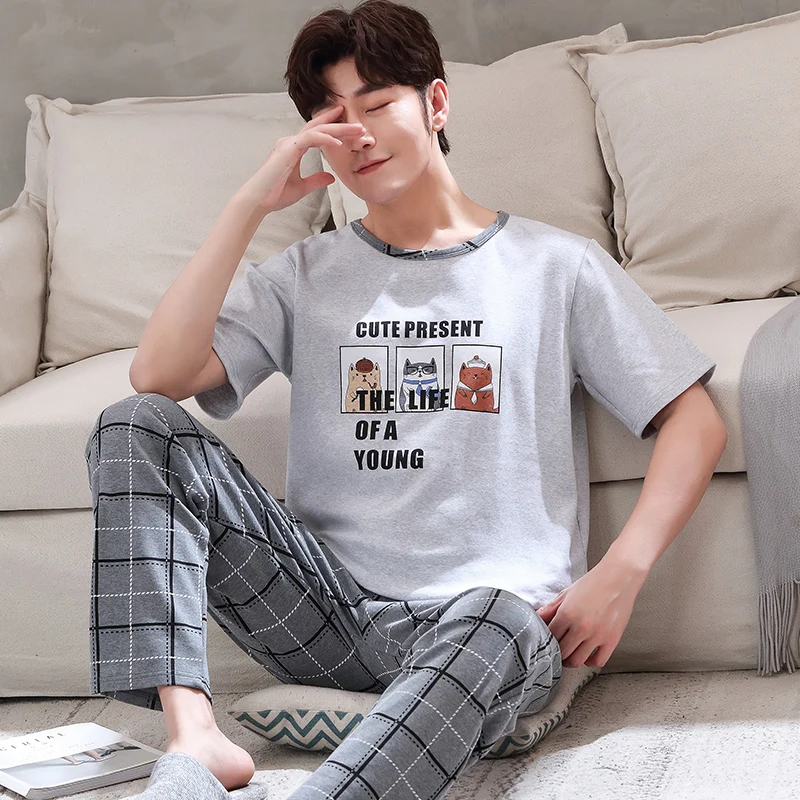 

Summer Cotton Men's Pyjamas Short Sleeve Long Pants Pajamas Set Casual Male Sleepwear Night Pijama Hombre Big Yards 4XL Homewear