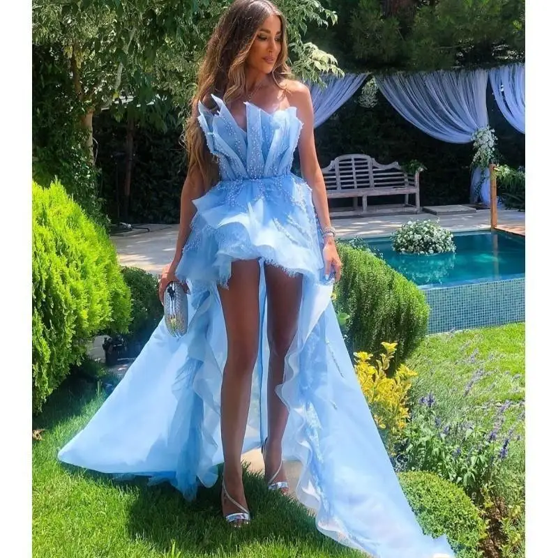 long prom dresses Pretty Sky Blue High Low Prom Dresses 2020 Ruffles Beaded Long Prom Gowns Off The Shoulder Feather Formal Party Dress Vestidos rose gold prom dress