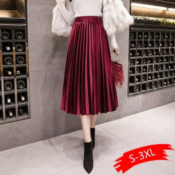 

Autumn Winter Velvet Skirt High Waisted Skinny Large Swing Long Pleated Skirt Metallic Colors Plus Size 3XL Midi Saia Long Skirt