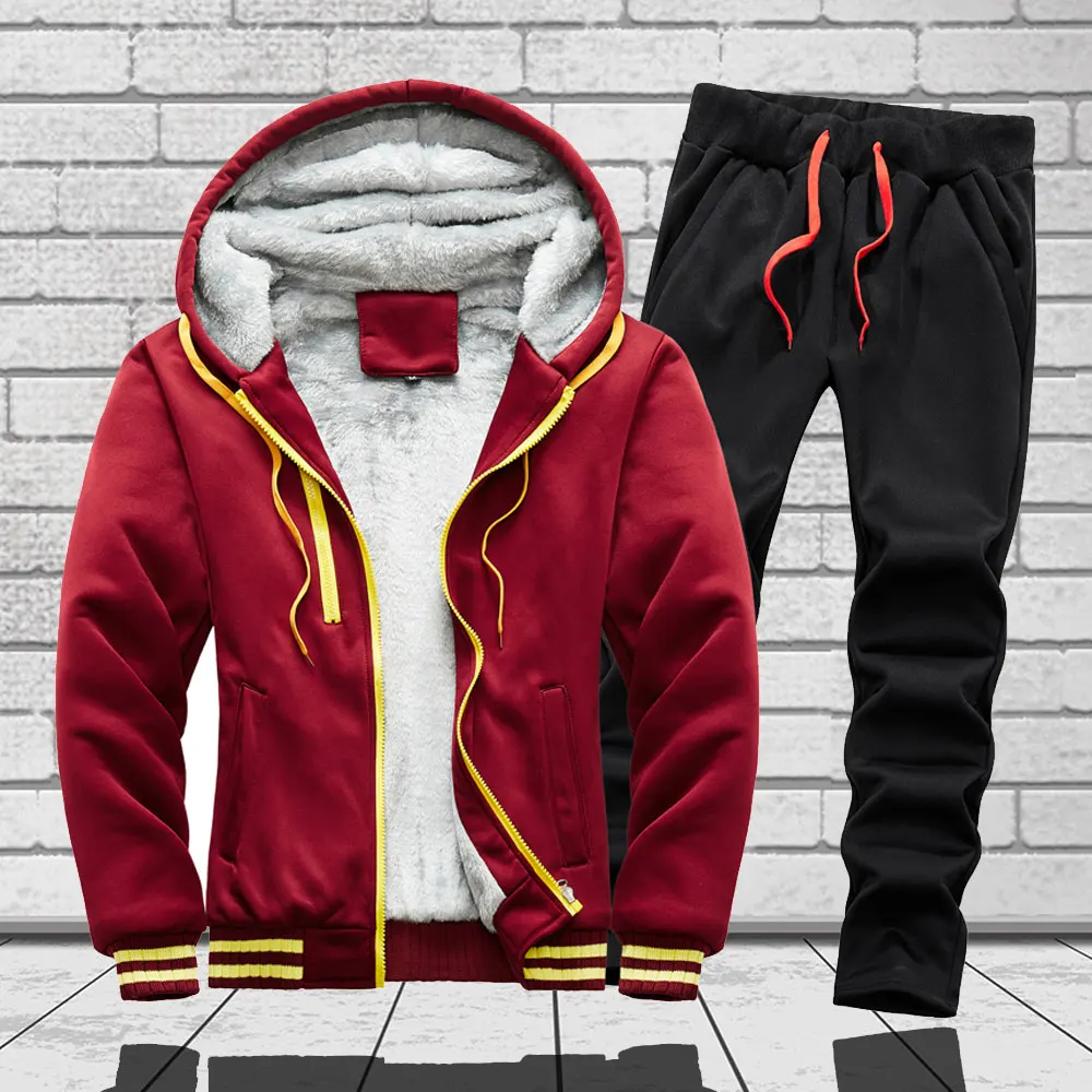 Winter Tracksuit Fleece Outfits Pants-Set Hoodie Men Sportswear Workout Running Men Casual