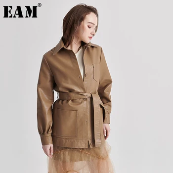 

[EAM] Loose Fit Balck Bandage Pu Leather Temperament Jacket New Lapel Long Sleeve Women Coat Fashion Tide Spring 2020 1S104
