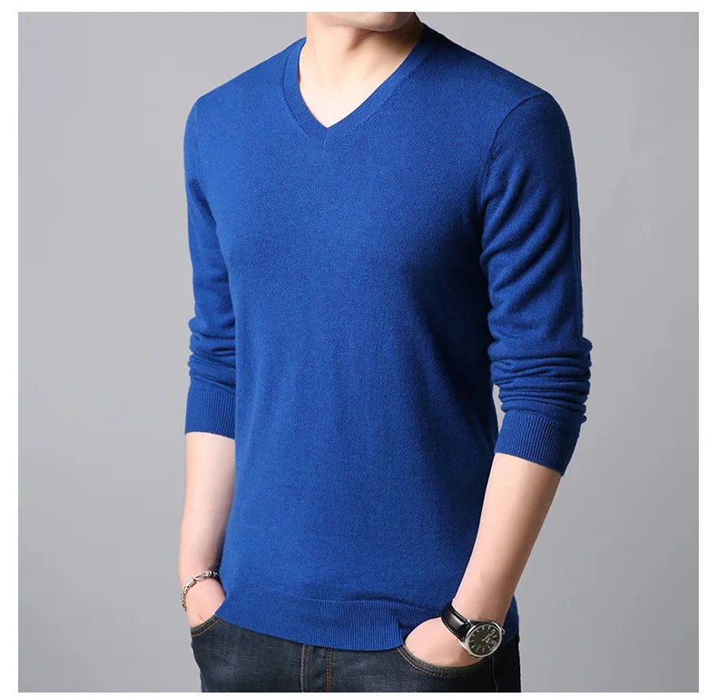 V-neck Thin Men Knitted Sweaters Slim Solid Big Boy Pullover Sweater England Style Blue Black Red Men Knit Wear Coat