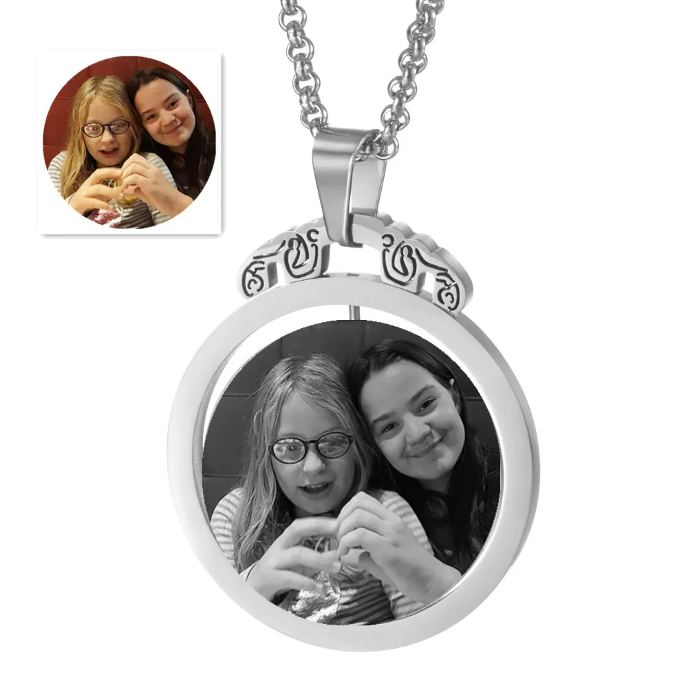 Personalizado de aço inoxidável gravado pingente rotatable personalizado foto colar jóias presentes para a família da menina dos homens