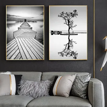 

Nordic Minimalist Tree Reflection Poster Print Single Wooden Bridge Canvas Picture Home Wall Art Decoration Can Be Customized