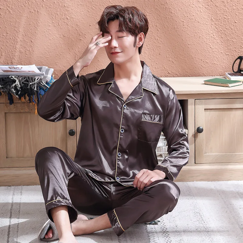 Men's Pajamas Set Autumn Winter Silk Male Pajamas Sets Simple Sleepwear Men's Long Sleeve Nightwear Top Pant Leisure Pyjamas Set