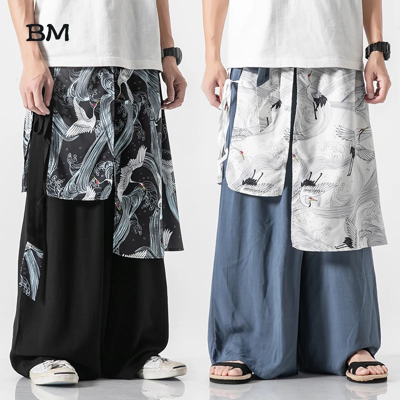 Брюки Hanfu мужские с широкими штанинами элегантные модные штаны из хлопка и льна в