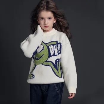 

Children Cartoon Knitted Sweaters For 5 to 14 Years Girls Autumn Winter Thicken Warm Pullovers Kids Casual Knitwear Knit Tops