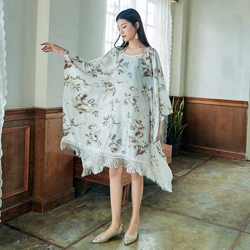 

7357 # New Products Dress Crew Neck Loose And Plus-sized Bat Sleeve Tassels Midi-skirt