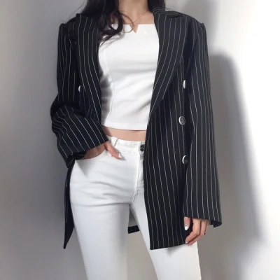 

2020 Autumn Fashion British Style Women Striped Suit Fragrance Female Coat Long Sleeve Double Breasted Notched Blazer Femme