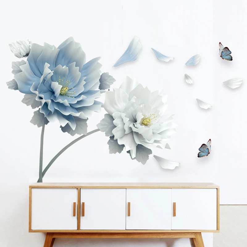 Large White Blue Flowers Lotus Butterfly Removable Wall Stickers 3D Wall Art Decals Mural Art for Living Room Bedroom Decor