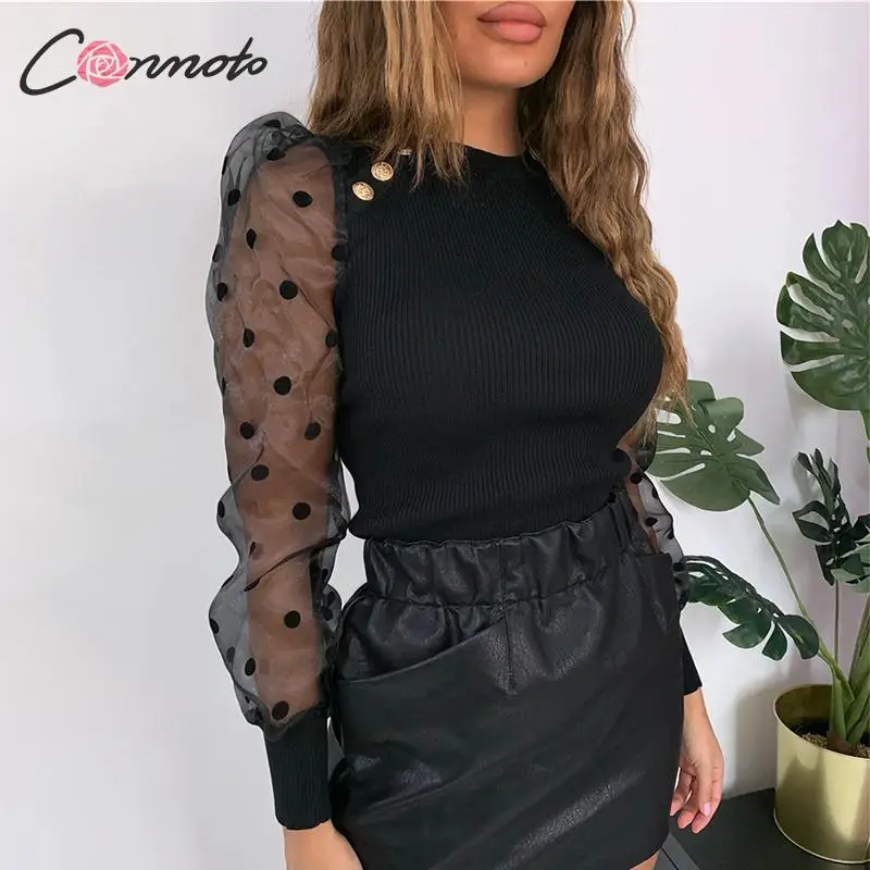 Conmoto Женская модная Лоскутная сетчатая блуза с длинным рукавом Осень Зима женская зеленая трикотажная рубашка в горошек Mujer Blusa