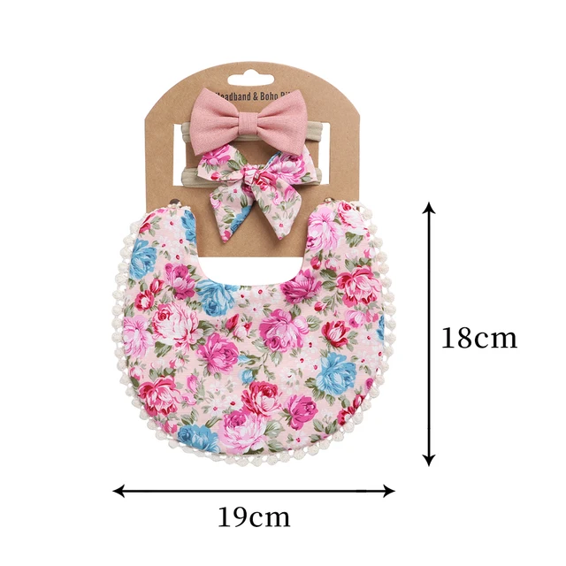 3Pcs Baby Headband Tassel Saliva Towel Floral Print Newborn Double Side Bibs Boys Girls Bandana Burp Cloths Feeding Smock Stuff 3