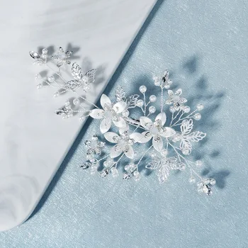 

Europe and America Bride Marriage Ornament Hollow out Leaves MORI Series Side Edge Clip Handmade Wire Wound Opal Crystal Hairpin