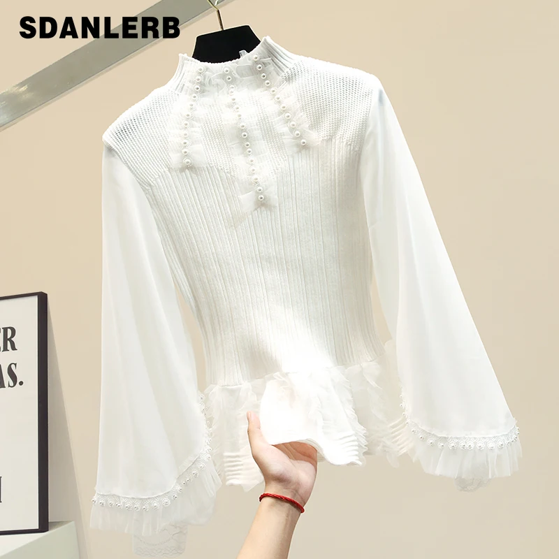 Осень зима вязаный Blusas женские галстуки толстые кружева шить Высокий воротник светильник вареный короткий свитер женские пуловеры для улицы