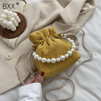 

[BXX] Pearl Chain Design Crossbody Bucket Bags For Women 2020 Summer Simple Shoulder Handbags Female Travel Beach Bag HN045