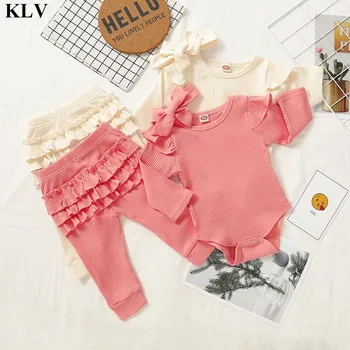 

KLV 3 PCs Newborn Baby Girl Knitted Infant Clothes Solid Romper Long Tutu Pants Jumpsuit Headband Outfits Baby CLothing