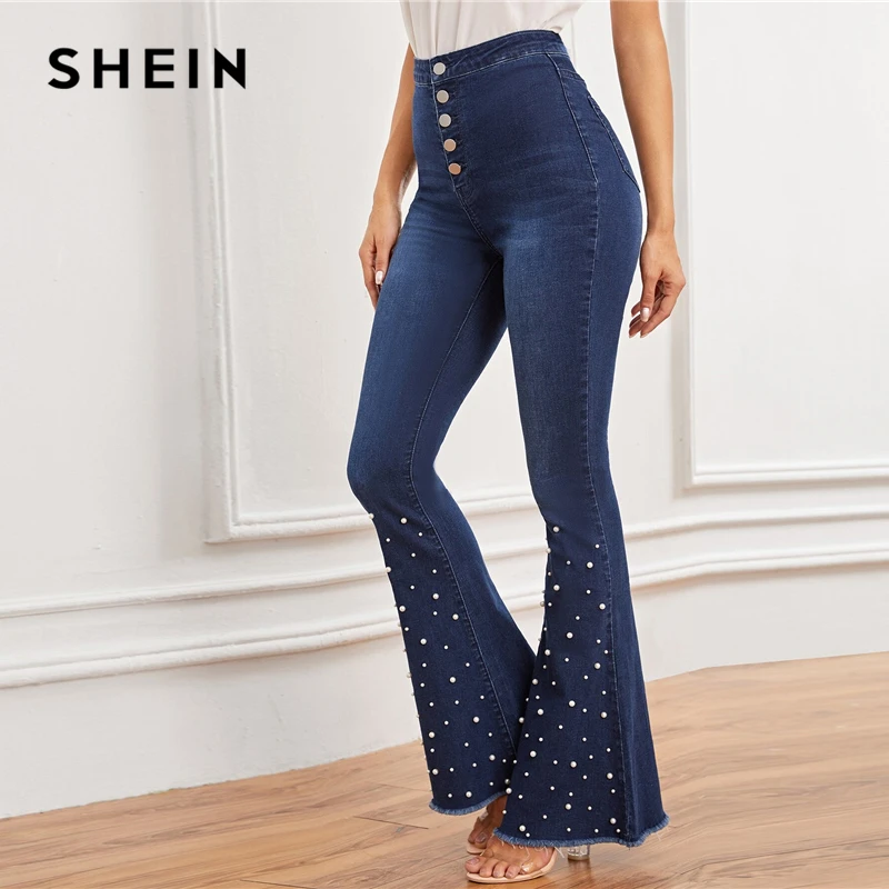 SHEIN, темно-синие, с жемчужинами, с карманами, необработанный край, длинные винтажные джинсы для женщин,, Осенние, на пуговицах, с высокой талией, расклешенные, джинсовые штаны