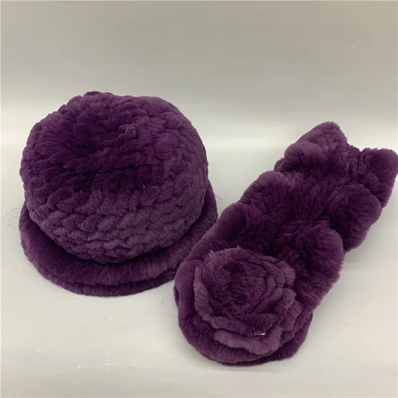 purple TopFurMall) Подлинная вязаная шапка с шарфом из кролика Рекс, наборы зимних теплых шапок, модные головные уборы для защиты ушей LF9138 - Цвет: purple