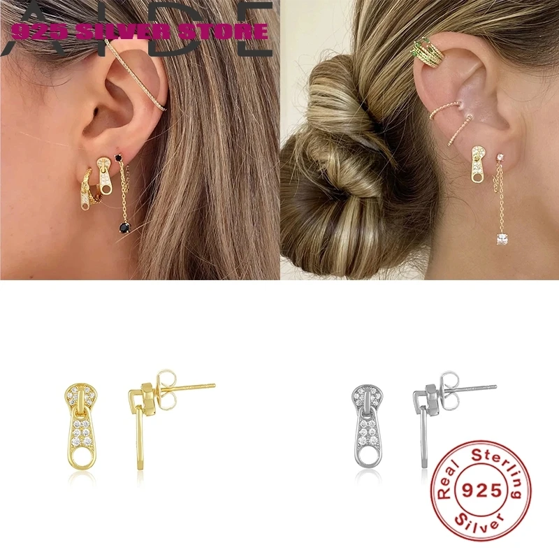 

Aide 925 Sterling Silver Stud Earrings Sparkling Luxury Bling CZ Zipper Puller Earrings For Women Fine Jewelry Aretes mujer W4
