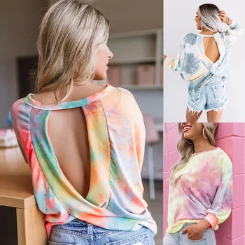 

T-shirt Women O-neck Backless Autumn Winter Long Sleeve Loose Sexy Top Batik Knitted Shirt Hollow Out Print Spring Tshirts