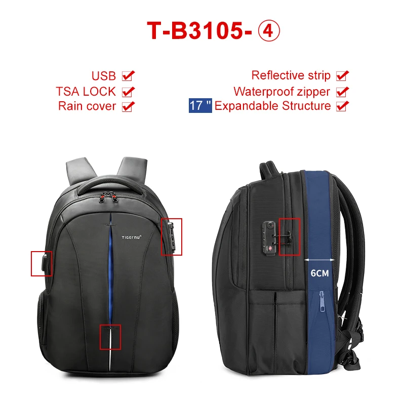 Tigernu USB Классический Стиль Мужчины Рюкзак Студент Сумки Водонепроницаемый 15.6