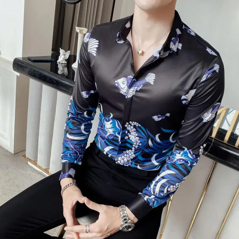 Новая мужская рубашка Camisa Social Masculina с длинным рукавом мужские рубашки Высокое качество полная печать Slim Fit повседневные мужские рубашки