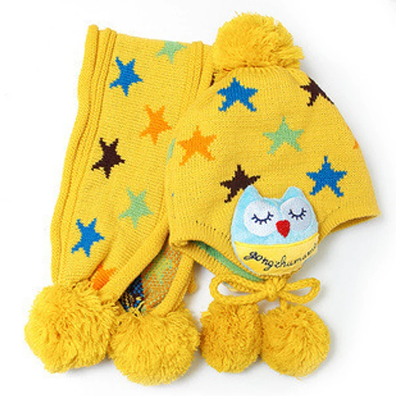 Детская шапка на осень и зиму, новая детская шапка, шарф, костюм, детская теплая вязаная шапка с рисунком пятиконечной звезды, шерстяная шапка для младенцев - Цвет: Цвет: желтый