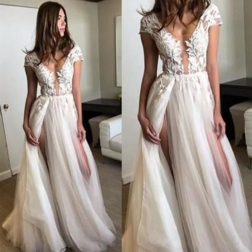 same as picture Fashion Lady Long Prom Dress A Line Lace Tulle Deep V Neck Sexy Evening Gowns Vestido de noiva - Цвет: same as picture