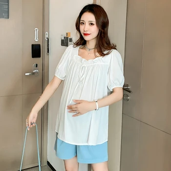 

A901# Summer Thin White Tencel Maternity Shirts Sweet Loose Blouses Clothes for Pregnant Women Pregnancy Tunic Tops