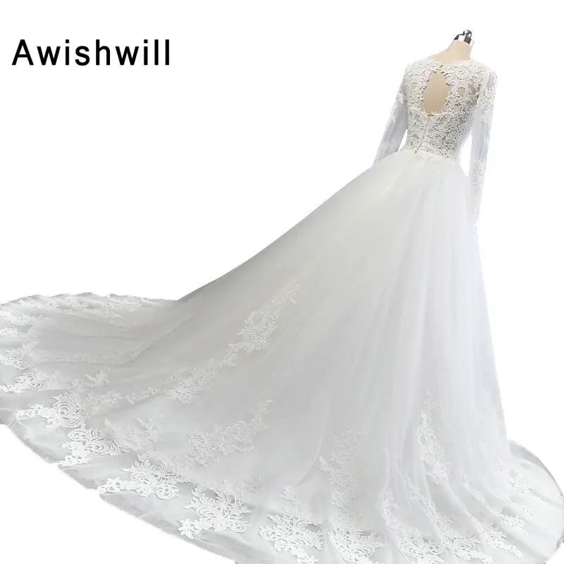 Vestido De Noiva Белое Бальное платье Свадебные платья с открытой спиной с длинным рукавом Кружева Аппликации Часовня Поезд Свадебные платья для женщин