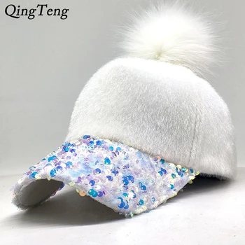 

Winter Solid Warm Pompom Baseball Cap Women Sequins Caps Casual Snapback Hat For Girl Casquette Gorras Bone Hip Hop Female