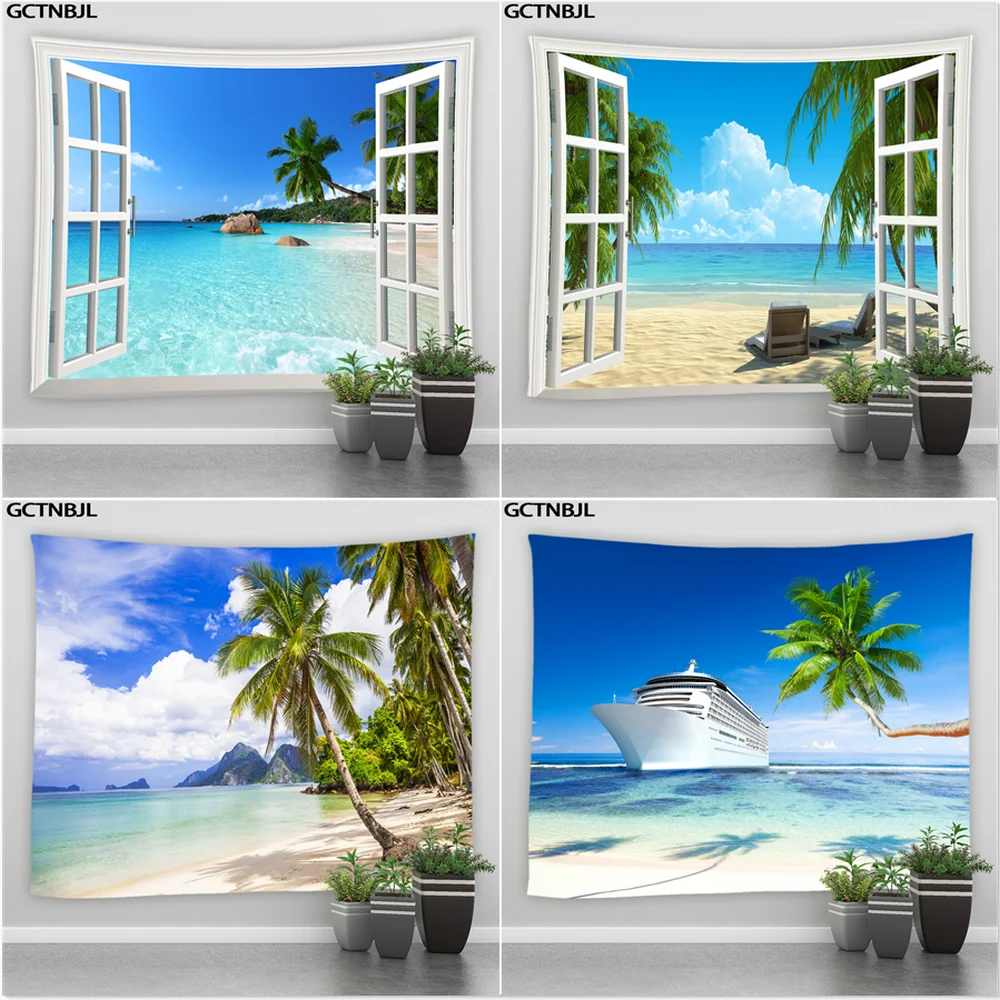 Гобелен с морским пейзажем солнечным светом пляжем пальмами парусником фоном