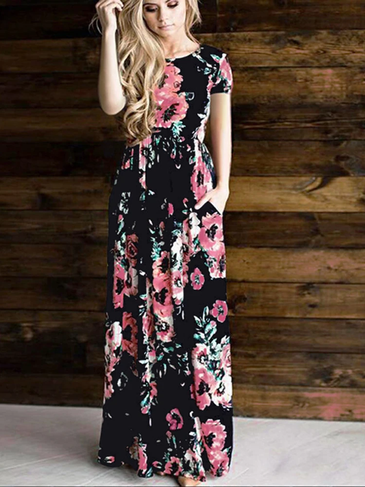 Autumn summer women dress Long short sleeve maxi dress women floor length white print floral ladies casual dress vestidos LD718 (15)