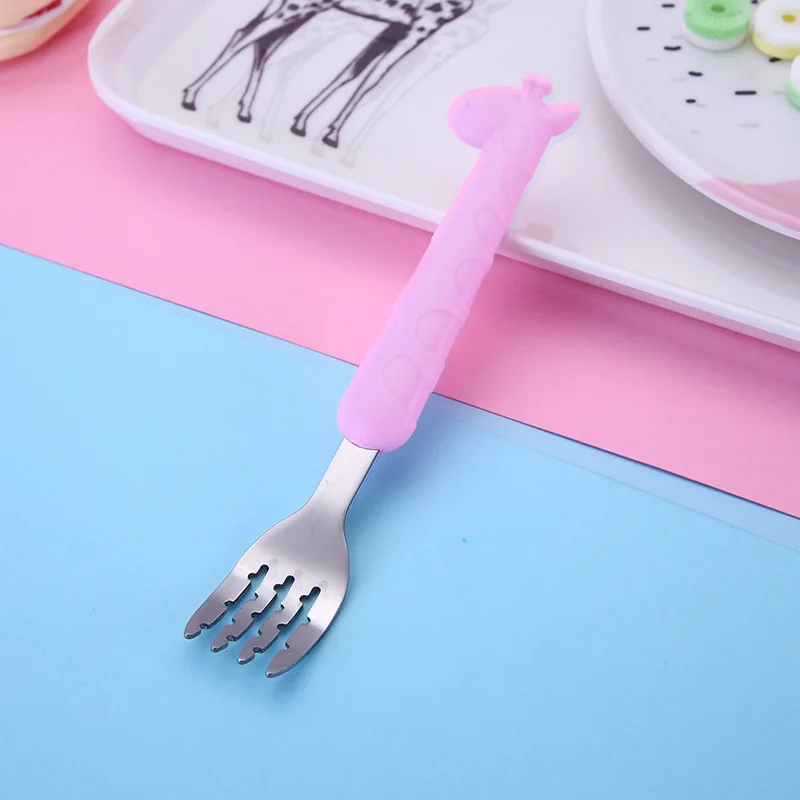 Pink Fork Qshare детская посуда с жирафом, десертная ложка для детей, ложка для кормления, вилка, Детские гаджеты, Feedkid, детская посуда - Цвет: Pink Fork