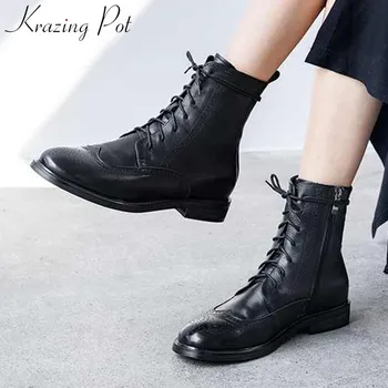 

krazing pot classic brogue carved genuine leather boots round toe low heels solid winter women keep warm lace up ankle boots L17
