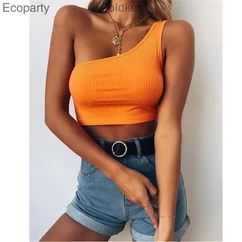

Summer Ladies U-neck Sleeveless T-shirt Solid Color One-shoulder Halter Neck Vest Sexy Exposed Navel Short Sling Bottoming Vest