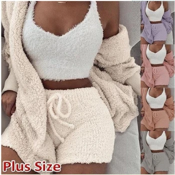 

Women Coral Velvet Pajamas Set Spring Autumn Winter Pajamas 3 Three Piece Set Sleepwear Tops Shorts Coat Suit Size S-3XL