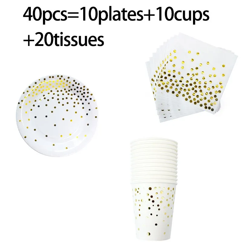 White Gold Dot Plates Cups Napkins Disposable Tableware for Happy Birthday Party Supplies Wedding Bronzing Dot Party Favors
