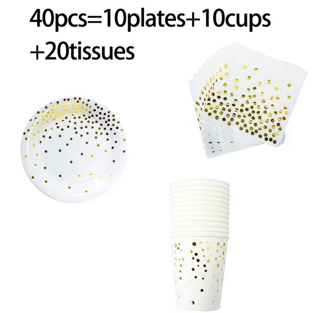 White Gold Dot Plates Cups Napkins Disposable Tableware for Happy Birthday Party Supplies Wedding Bronzing Dot Party Favors 40pcs