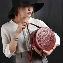 QIAOBAO Ретро стиль тисненые круглые сумки высокого класса воловья кожа плечо диагональ крест сумка женские Цилиндрические сумки