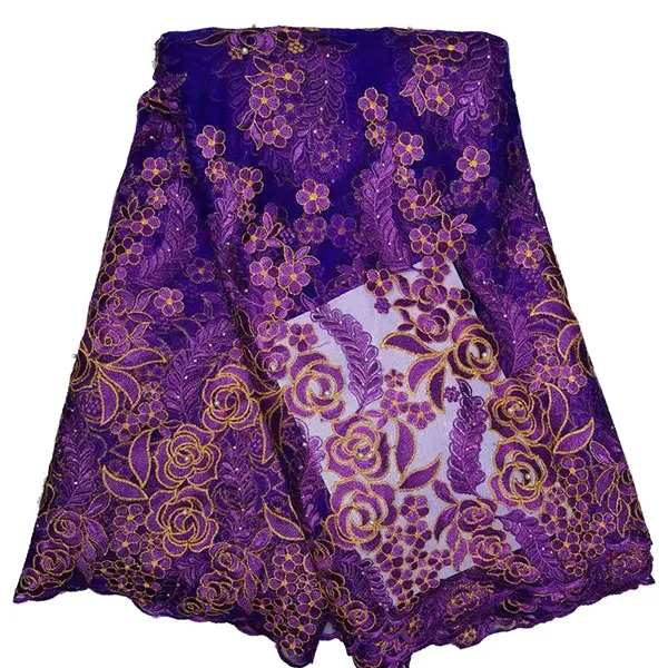 blue purple Высокое качество фиолетовая Цветочная сетка вышитая швейцарская вуаль кружевная ткань тюль Бисер Женская африканская нигерийская кружевная ткань для платья - Цвет: blue purple