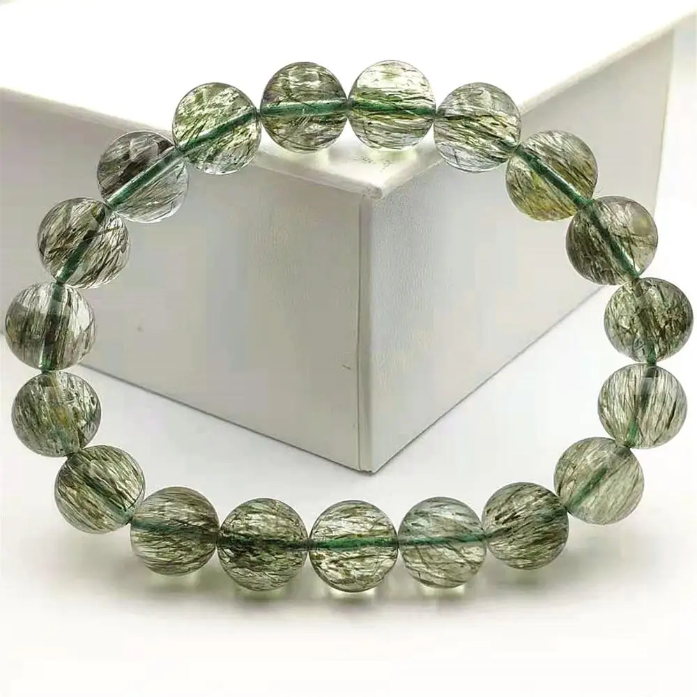 

11mm Genuine Natural Green Rutilated Tourmilated Quartz Crystal Clear Round Beads Bracelet Women Men Fashion Stone AAAAA
