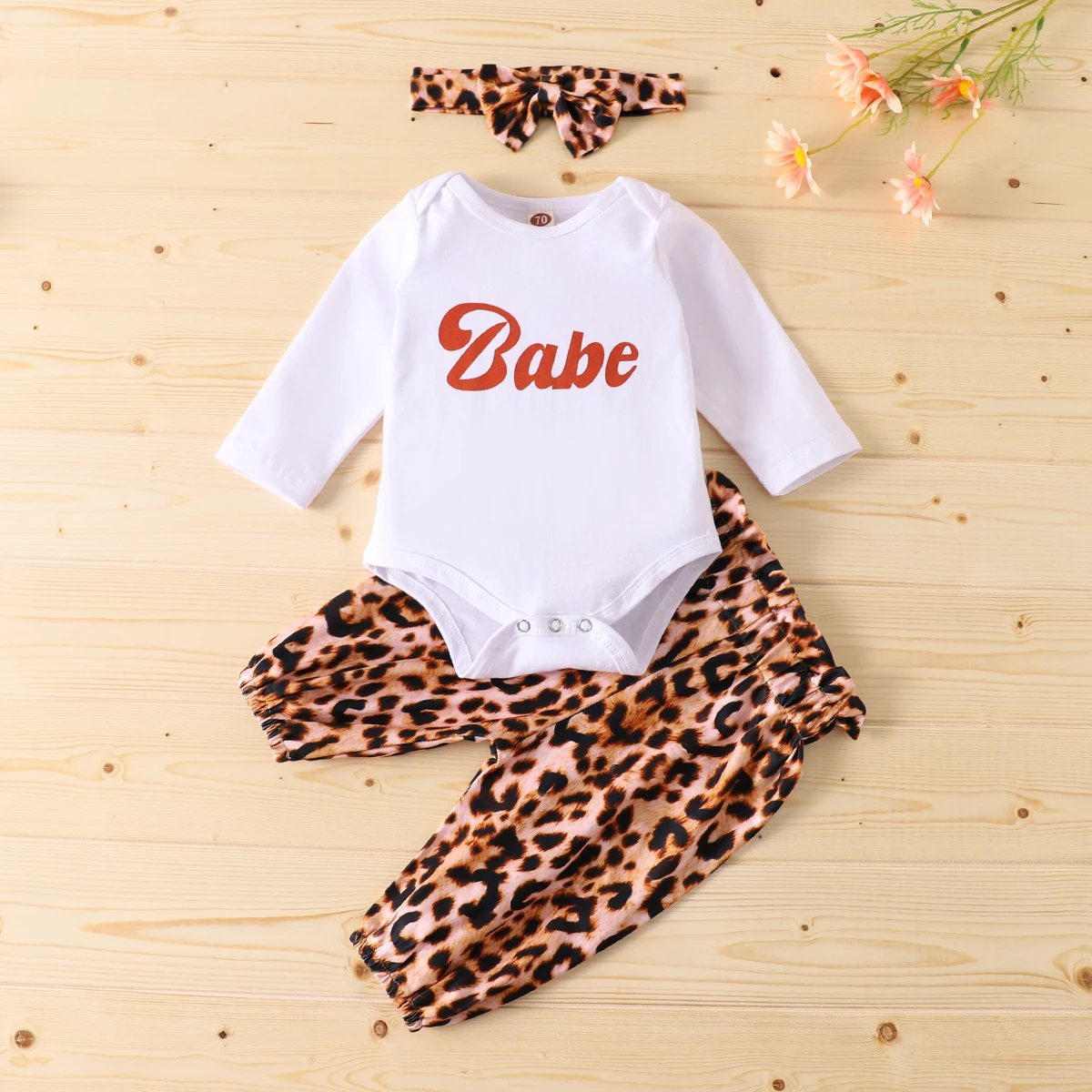 

New Three Piece Baby Girls Clothes Solid Color or Letter Long Sleeve Jumpsuit and Leopard Long Pants with Headband ropa de bebe