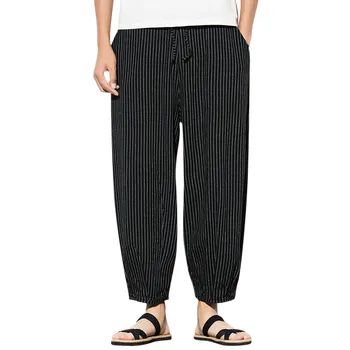 

Autumn Casual Harem Joggers Pants Men Casual bog pocket Retro Stripe Print Drawstring Calf-Length Linen Trousers spodnie