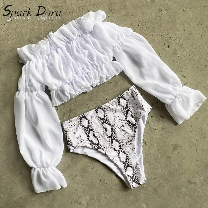 SparkDora 2020 Chiffon Long Sleeve Lace Bikini Snake Sexy Swimwear Split Swimwear set padded bra ladies bandeau bathing suit SparkDora 2020 Chiffon Long Sleeve Lace Bikini Snake Sexy Swimwear Split Swimwear set padded bra ladies bandeau bathing suit