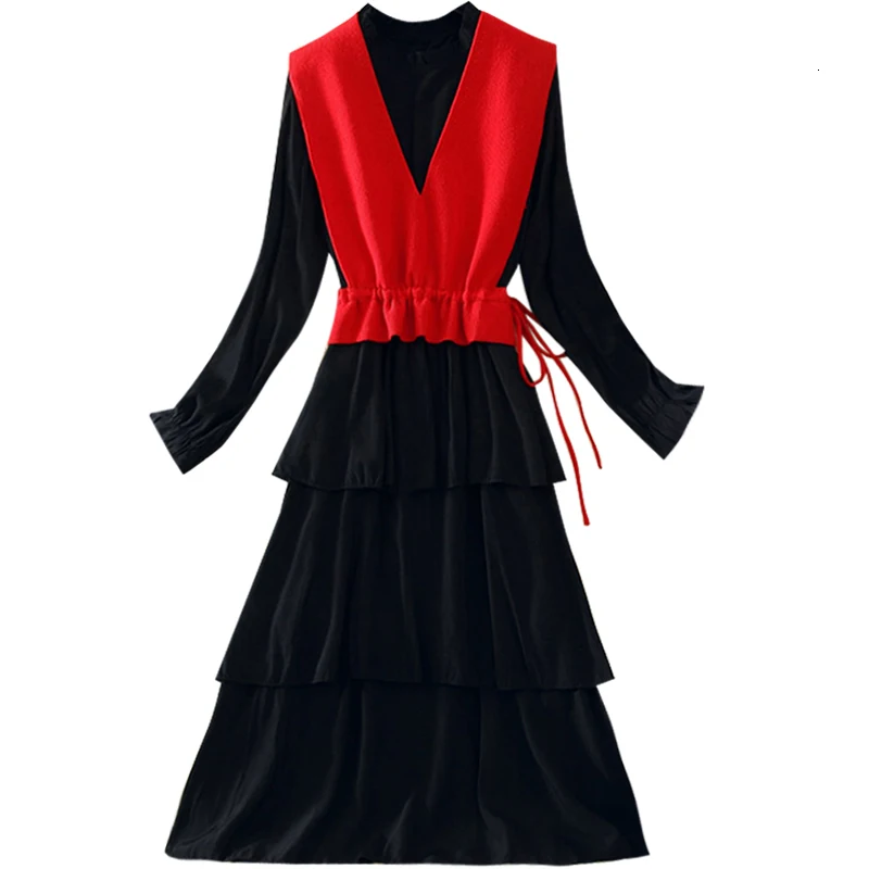 

Autumn Women Dresses Casual Long Sleeve 2-Piece Set A-line Dress For Women Fashion O-Neck Kniting Party Dresses Vestidos