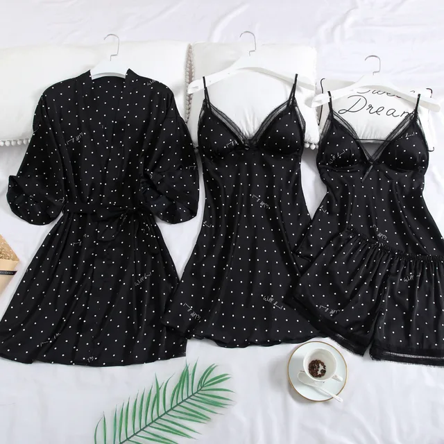 Pink Print Dot Wedding Robe Set Sleepwear Casual Intimate Lingerie Nightgown Nightdress Soft Homewear Home Clothing Kimono Gown 2