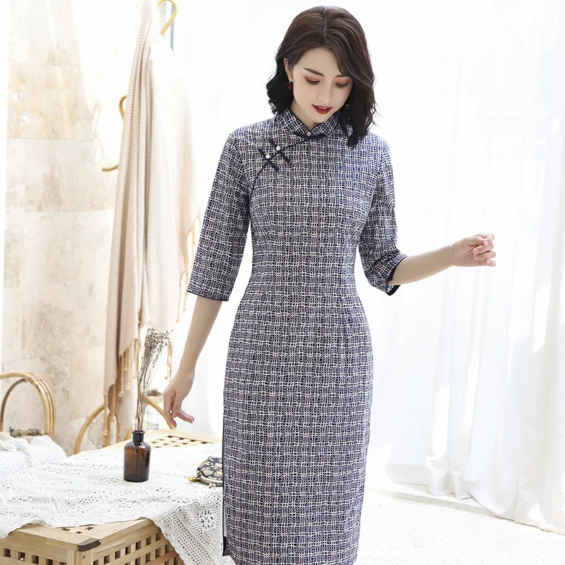 Сексуальное Платье До Колена Cheongsam, весеннее винтажное платье в китайском стиле, женское Хлопковое платье Qipao, тонкое вечернее платье на пуговицах, Vestido M-3XL - Цвет: 3808