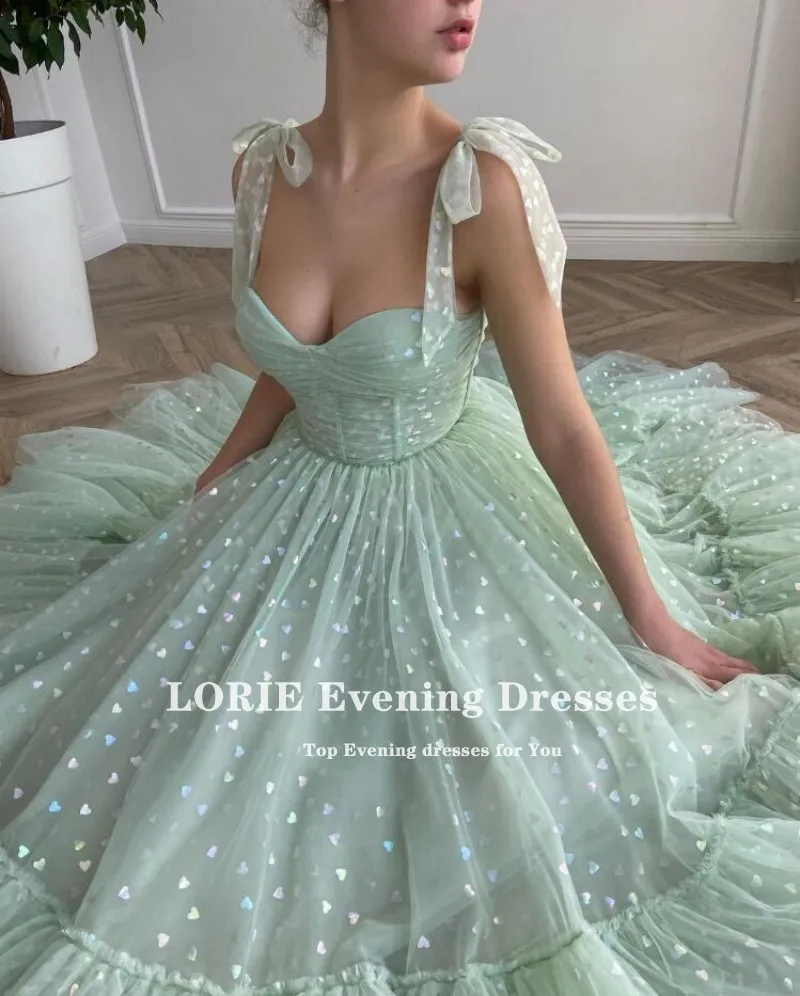 LORIE Shiny Fairy Prom Dresses Sweetheart Mint Green Tulle Tea Length Wedding Party Gown Short Graduation Robes de cocktail