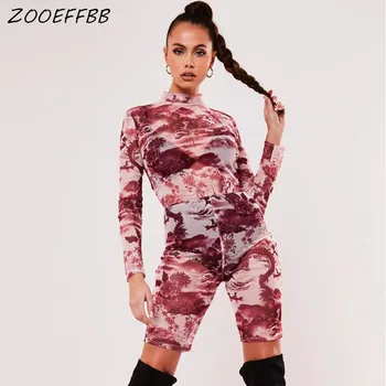 

ZOOEFFBB Sexy Mesh Sheer Bodycon Rompers Womens Jumpsuit Shorts Summer Overalls One Piece Body Club Outfits Long Sleeve Playsuit